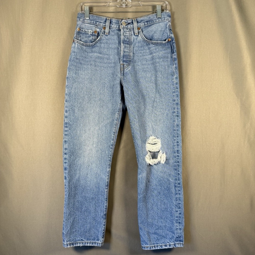 Levi's 501 Straight Leg Button Fly Jeans Blue Medium Wash Denim Destroyed